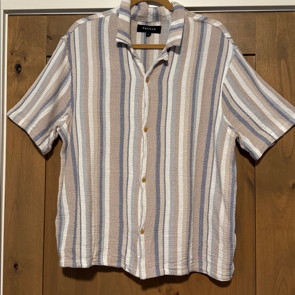 PacSun Button Down Shirt Mens L cotton blend blue/Tan Surfer Beachy Skater woven